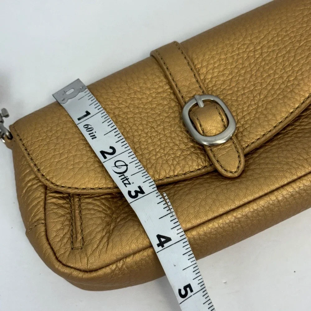 Talbots Metallic Gold Pebbled Leather Wristlet Clutch Bag Silver Buckle‎ Detail